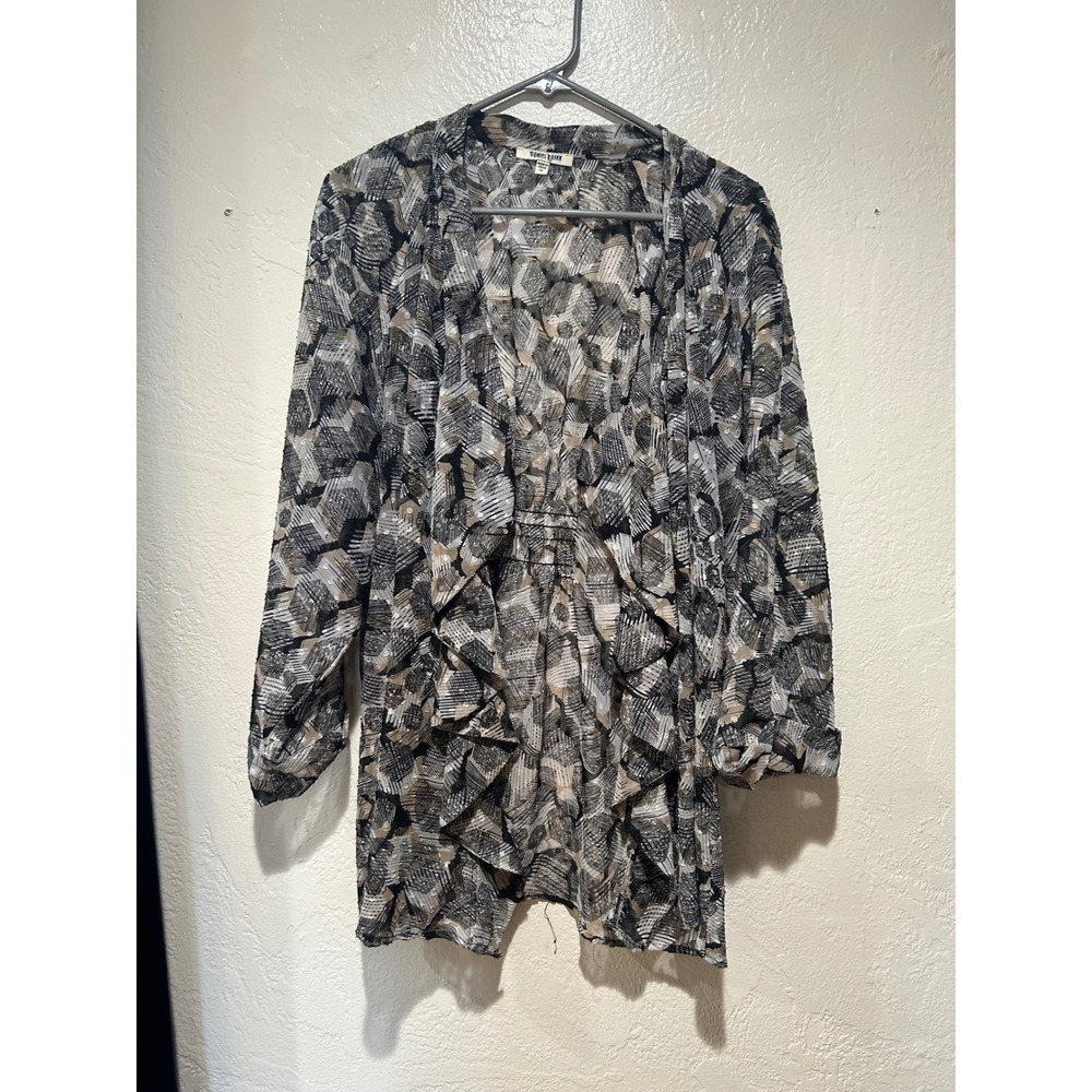 Daniel Rainn Womens XL Open Front Cardigan Abstract Print Smocked Back Gold Dots
